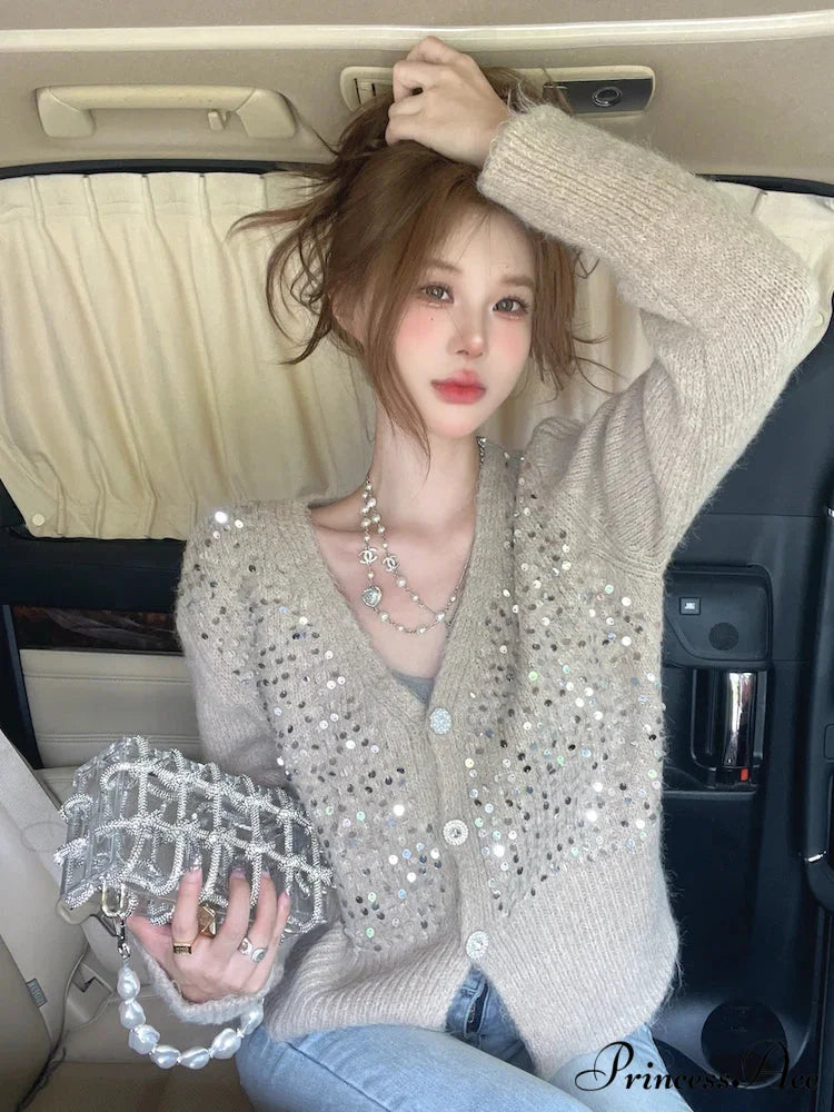 V-neck Gray Sequin Short Knit Cardigan