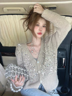 V-neck Gray Sequin Short Knit Cardigan