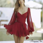 V Neck Hollow Out Lantern Sleeve Mini Dress - Solid Color - Christmas Party Dress