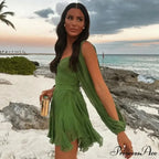 V Neck Hollow Out Lantern Sleeve Mini Dress - Solid Color - Christmas Party Dress