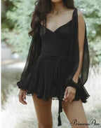 V Neck Hollow Out Lantern Sleeve Mini Dress - Solid Color - Christmas Party Dress