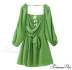 V Neck Hollow Out Lantern Sleeve Mini Dress - Solid Color - Christmas Party Dress