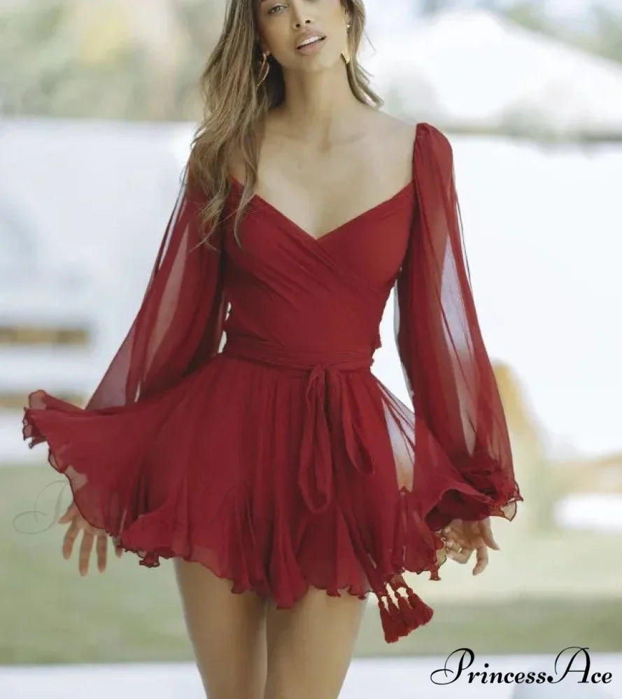 V Neck Hollow Out Lantern Sleeve Mini Dress - Solid Color - Christmas Party Dress