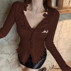 V-Neck Knit Jumper Design Fringe Asymmetrical Hem Knit Blouse