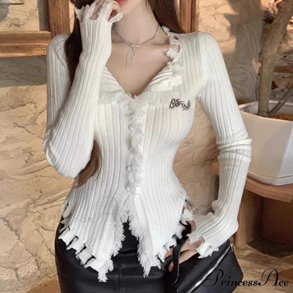 V-Neck Knit Jumper Design Fringe Asymmetrical Hem Knit Blouse