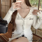 V-Neck Knit Jumper Design Fringe Asymmetrical Hem Knit Blouse