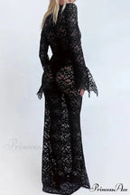 V Neck Lace Flare Sleeve Dress