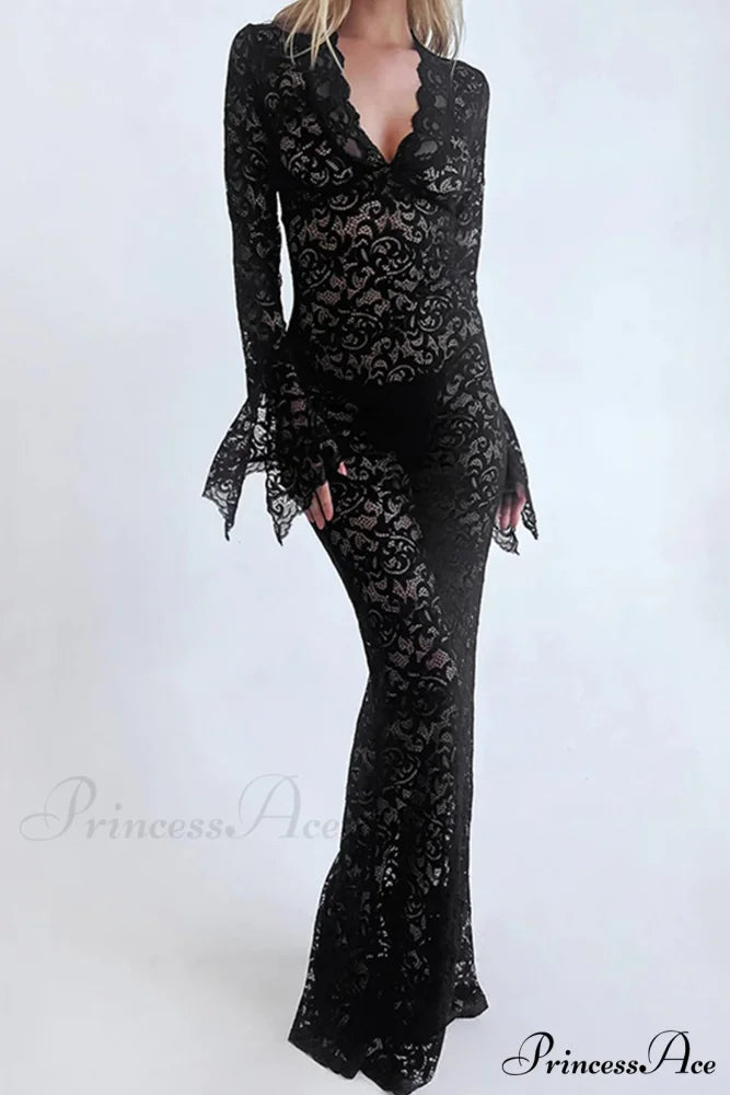 V Neck Lace Flare Sleeve Dress