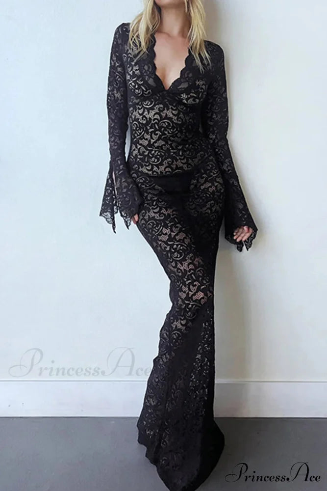 V Neck Lace Flare Sleeve Dress