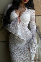 V Neck Lace Flare Sleeve Dress
