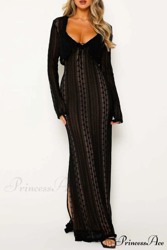 V Neck Lace Two-Piece Dress with Slit