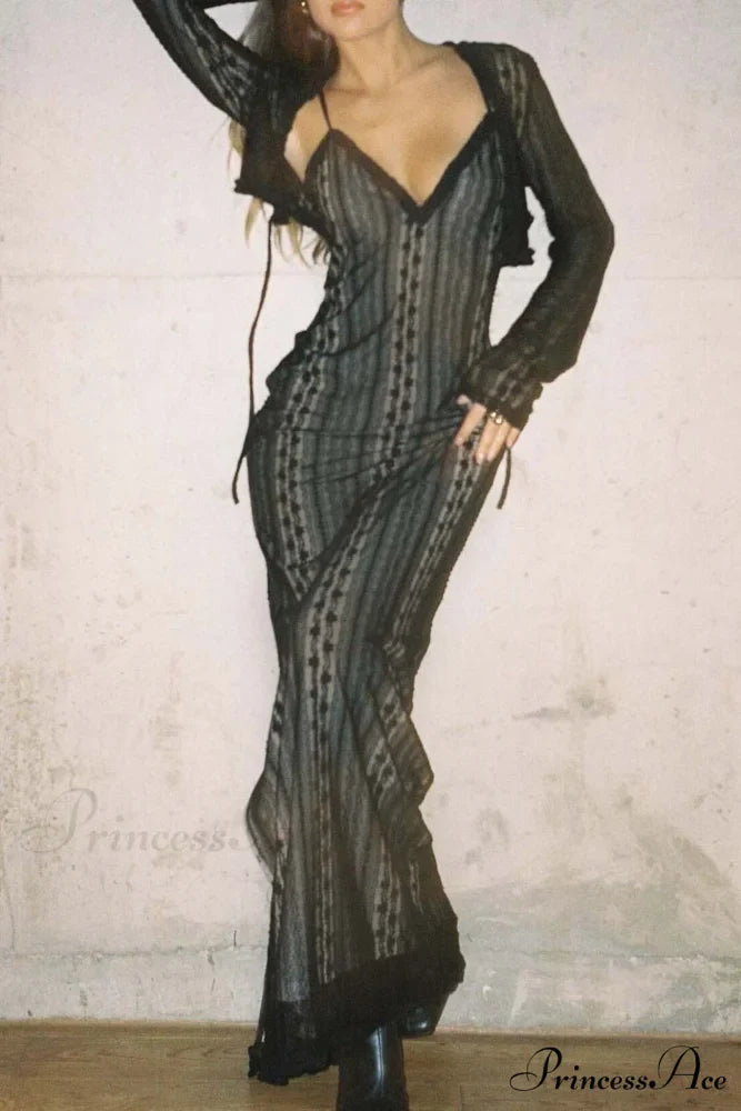 V Neck Lace Two-Piece Dress with Slit