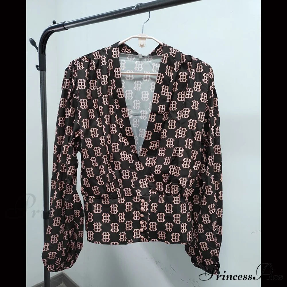 V-neck Lantern Sleeve Patchwork Printing Blouse