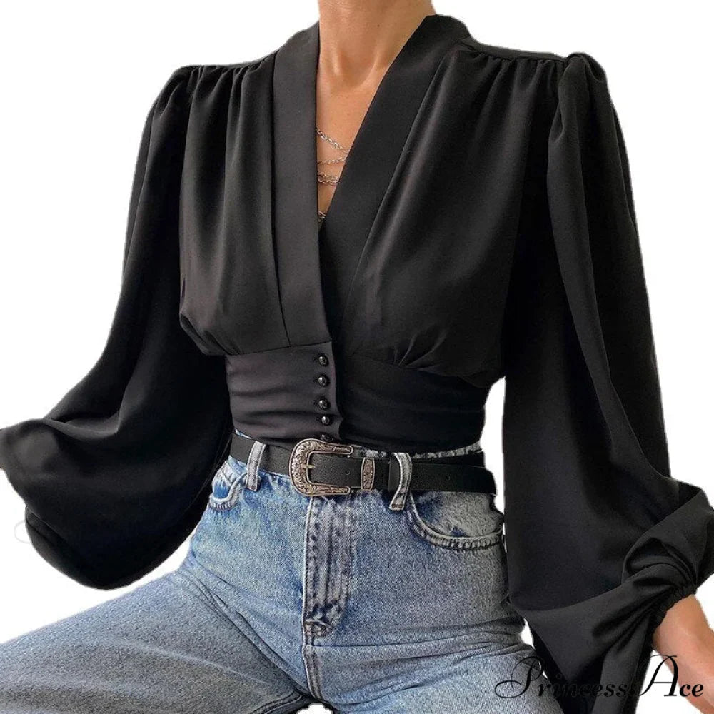 V-neck Lantern Sleeve Patchwork Printing Blouse