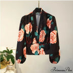 V-neck Lantern Sleeve Patchwork Printing Blouse