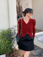 V-Neck Long Sleeve Crop Solid Red Cardigan