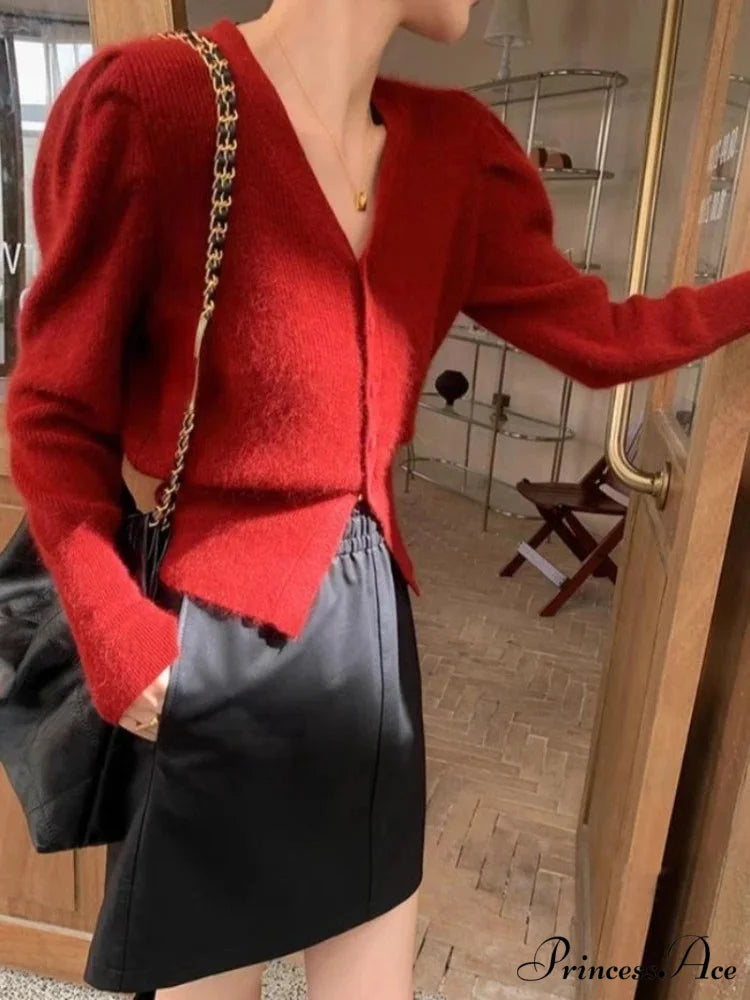 V-Neck Long Sleeve Crop Solid Red Cardigan