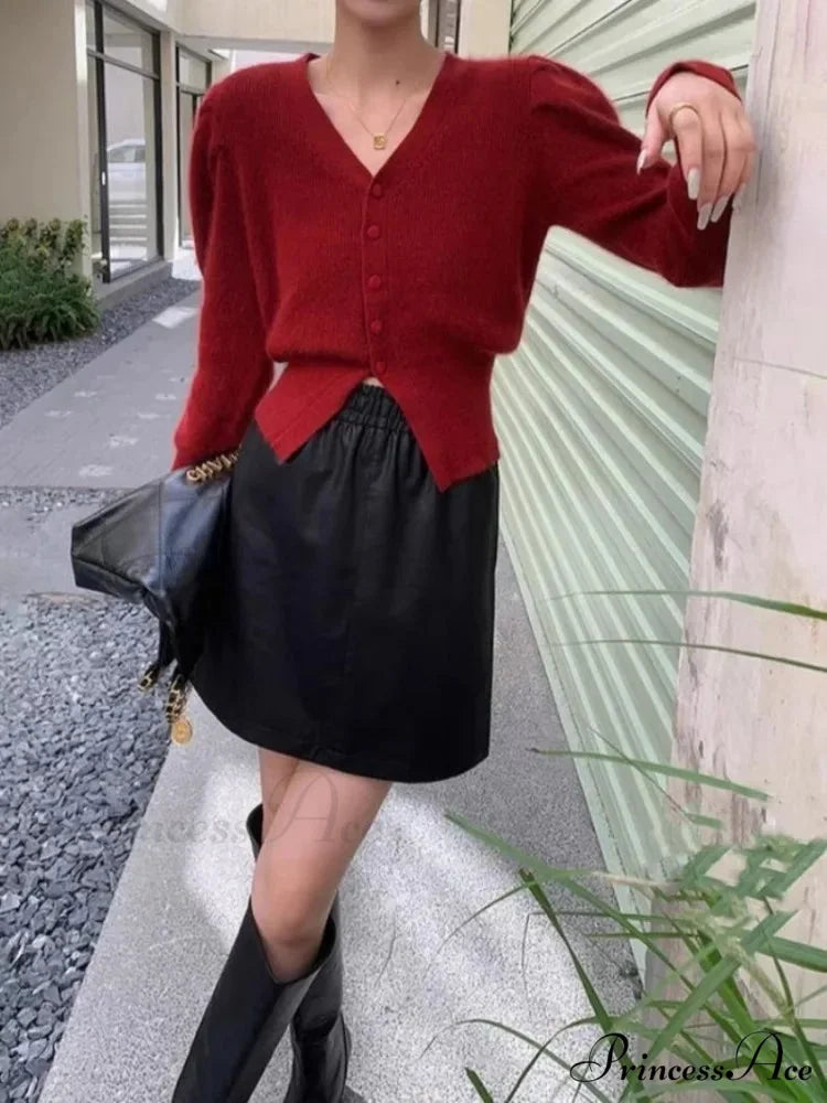 V-Neck Long Sleeve Crop Solid Red Cardigan