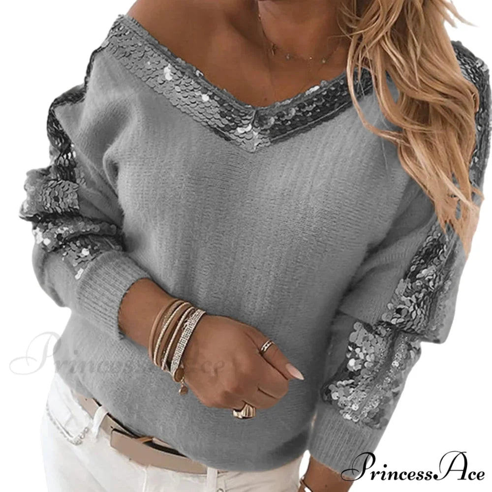V Neck Long Sleeve Sequins One Shoulder Pullover
