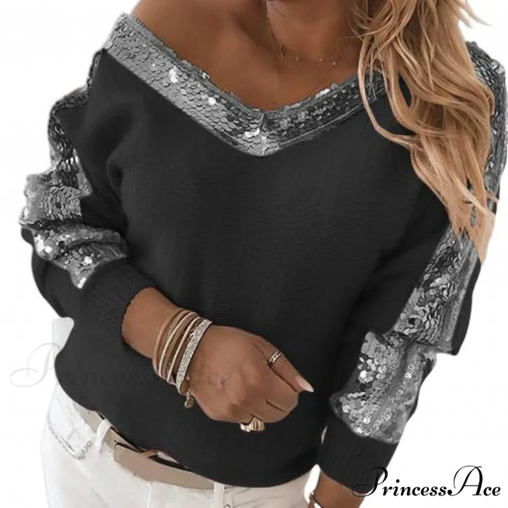 V Neck Long Sleeve Sequins One Shoulder Pullover