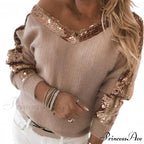 V Neck Long Sleeve Sequins One Shoulder Pullover
