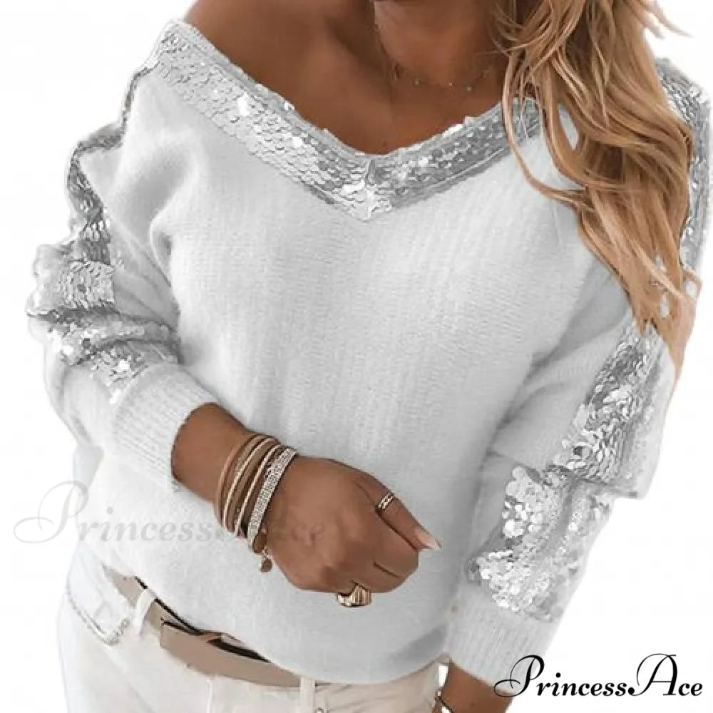 V Neck Long Sleeve Sequins One Shoulder Pullover