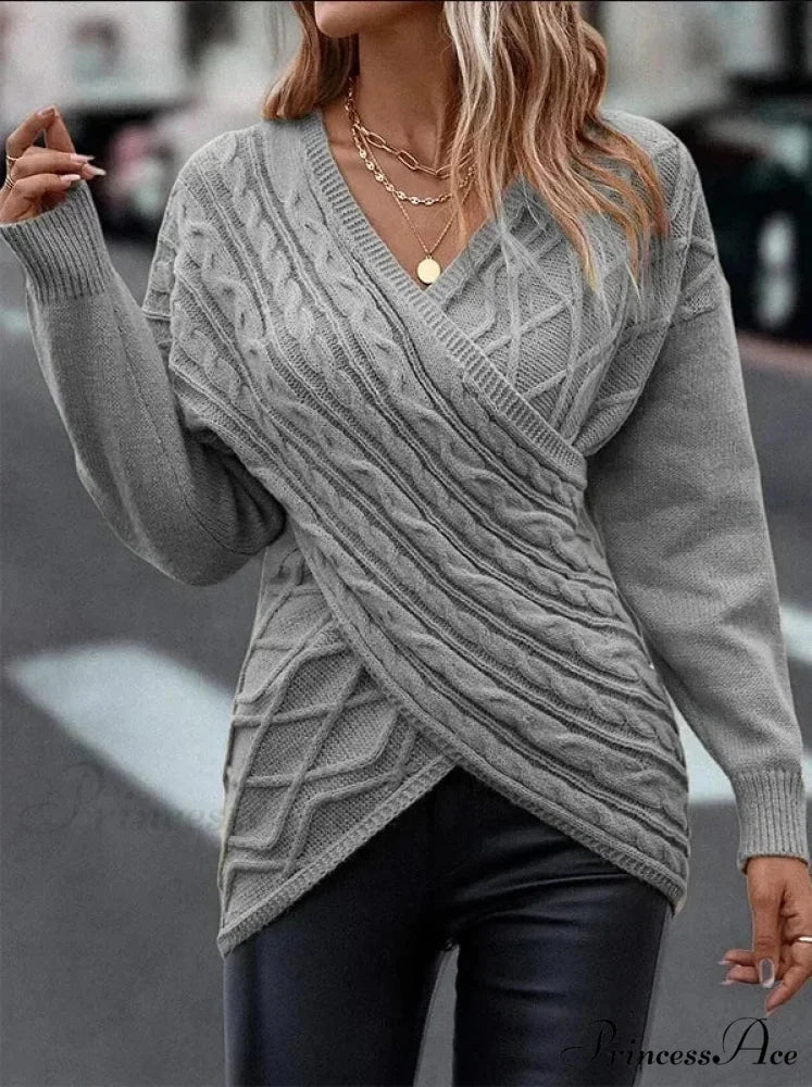 V - Neck Patterned Grey Y2k Sweater