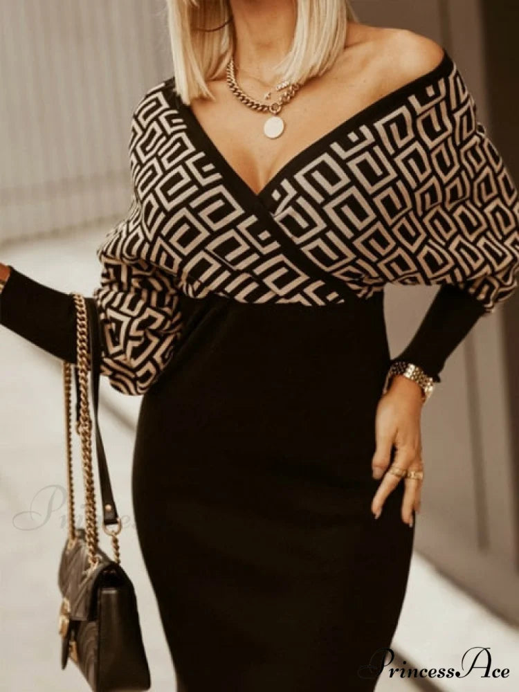 V-Neck Print Batwing Sleeve Skinny Wrap Midi Dress
