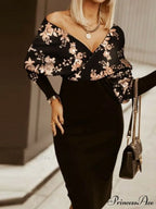 V-Neck Print Batwing Sleeve Skinny Wrap Midi Dress