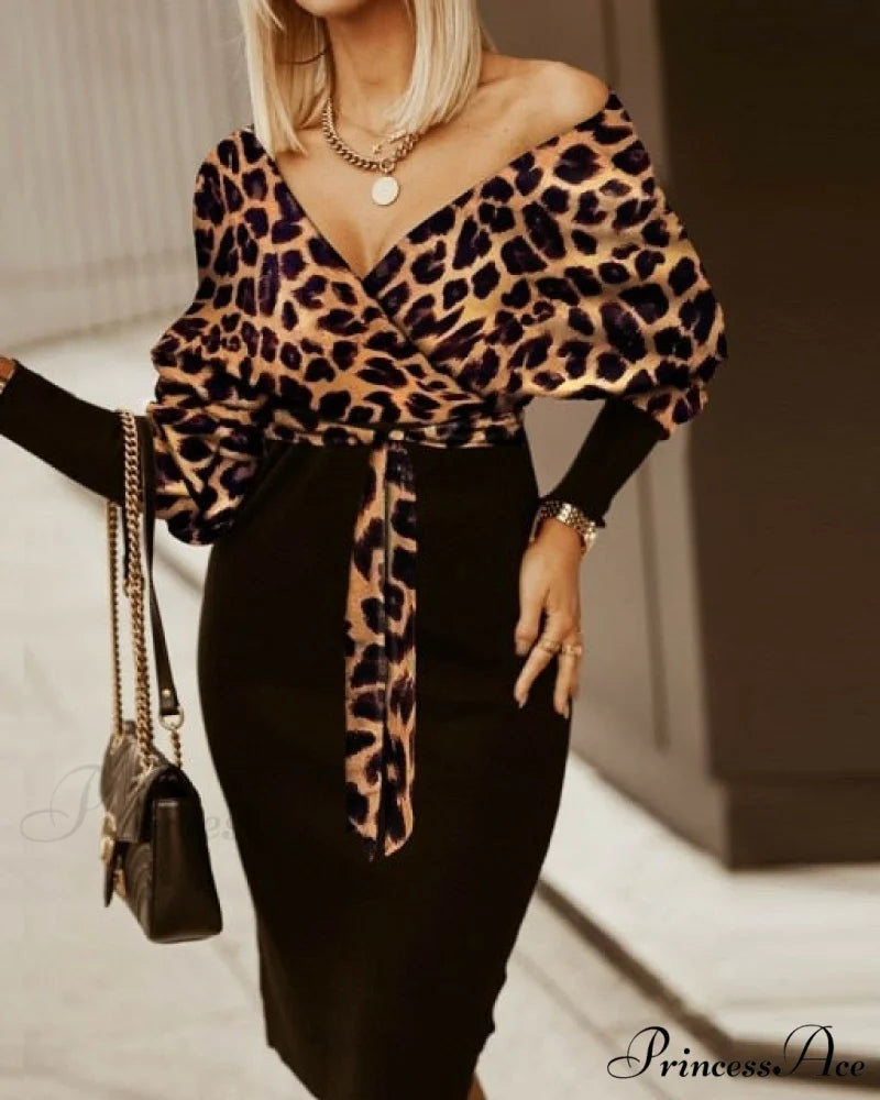 V-Neck Print Batwing Sleeve Skinny Wrap Midi Dress