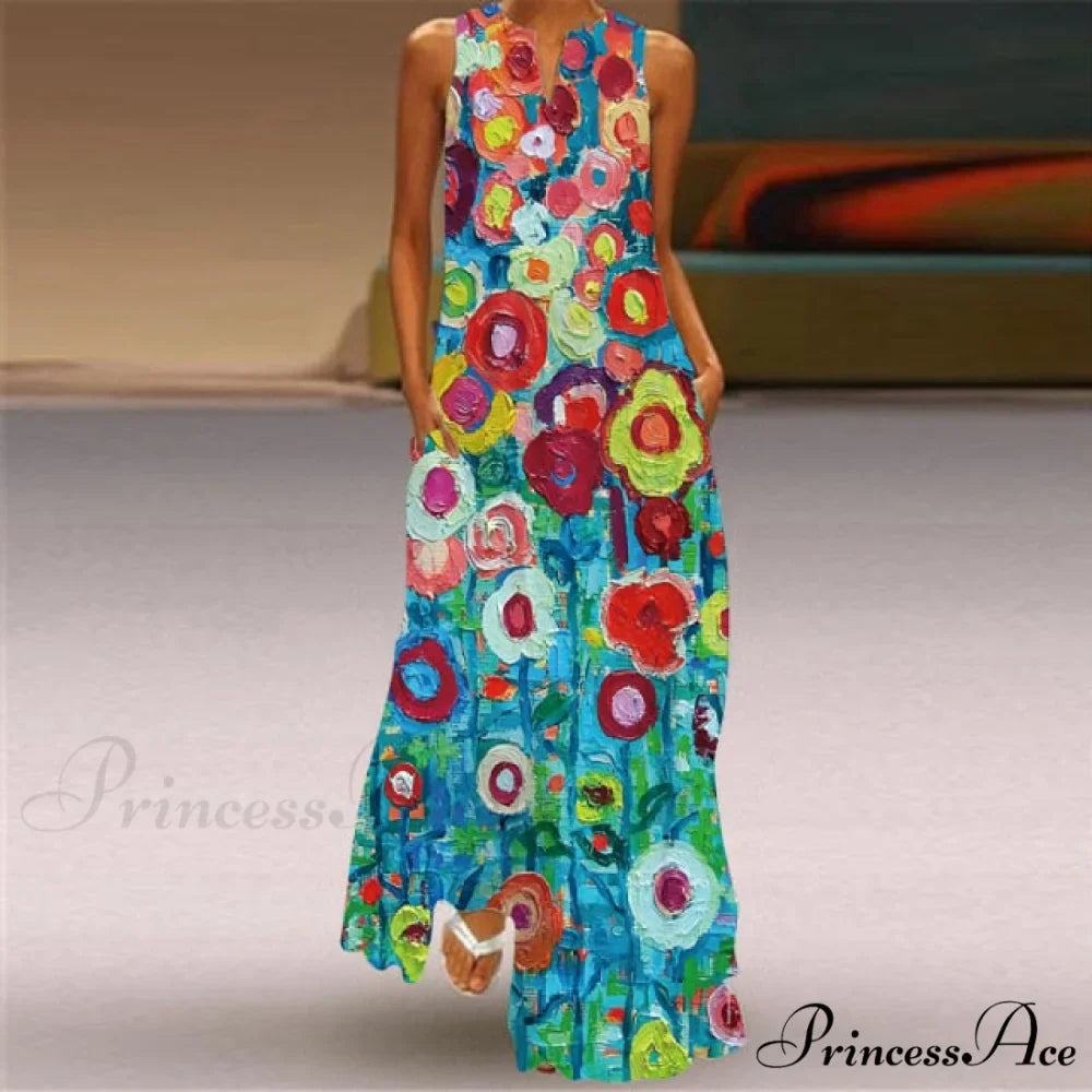 V-Neck Printed Emerald Flower Dress