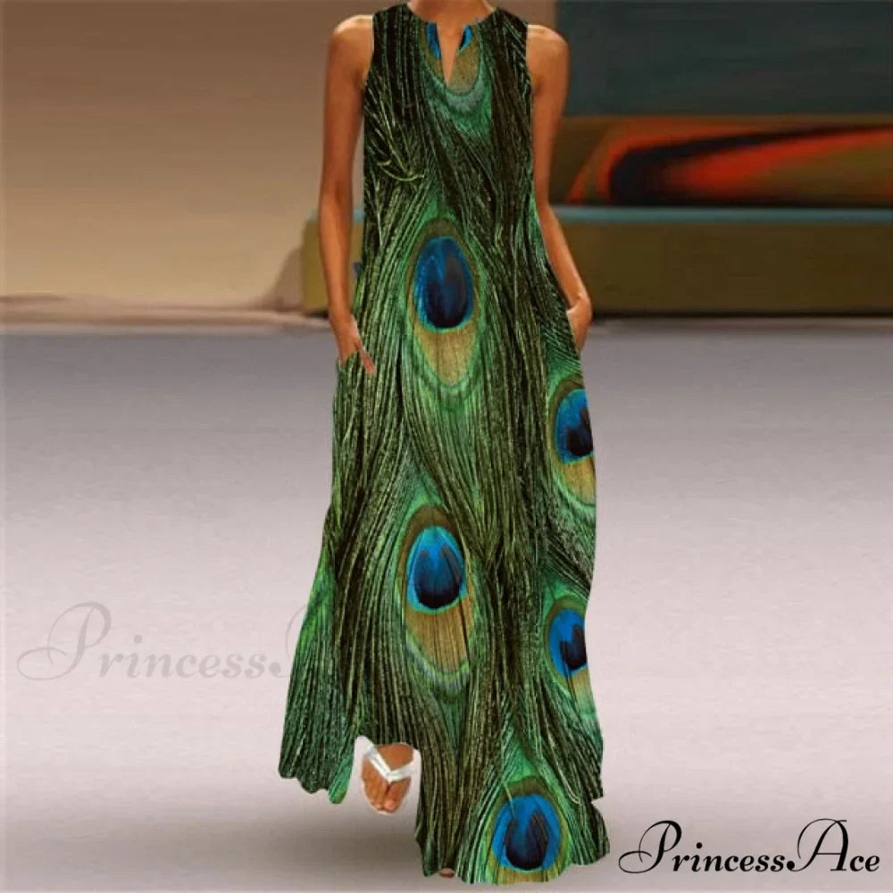 V-Neck Printed Emerald Flower Dress