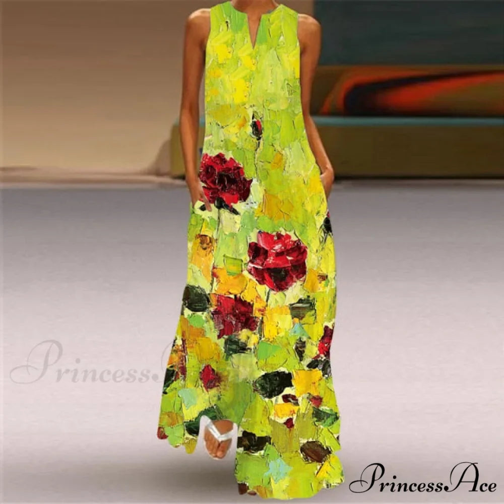 V-Neck Printed Emerald Flower Dress