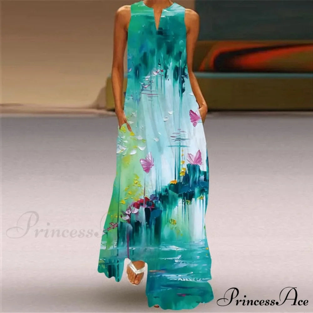 V-Neck Printed Emerald Flower Dress