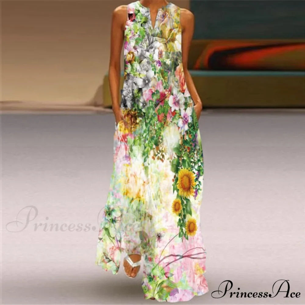 V-Neck Printed Emerald Flower Dress