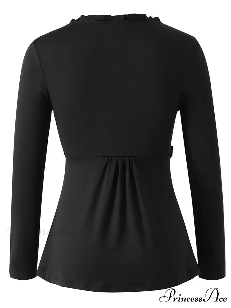 V-neck Ruched Solid Color Vintage Ruched Buttons T-Shirts