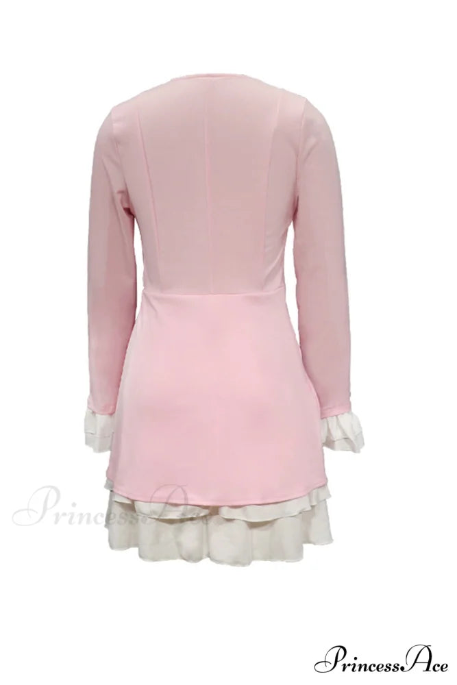 V Neck Ruffle Dress with Fake Two-Piece Design