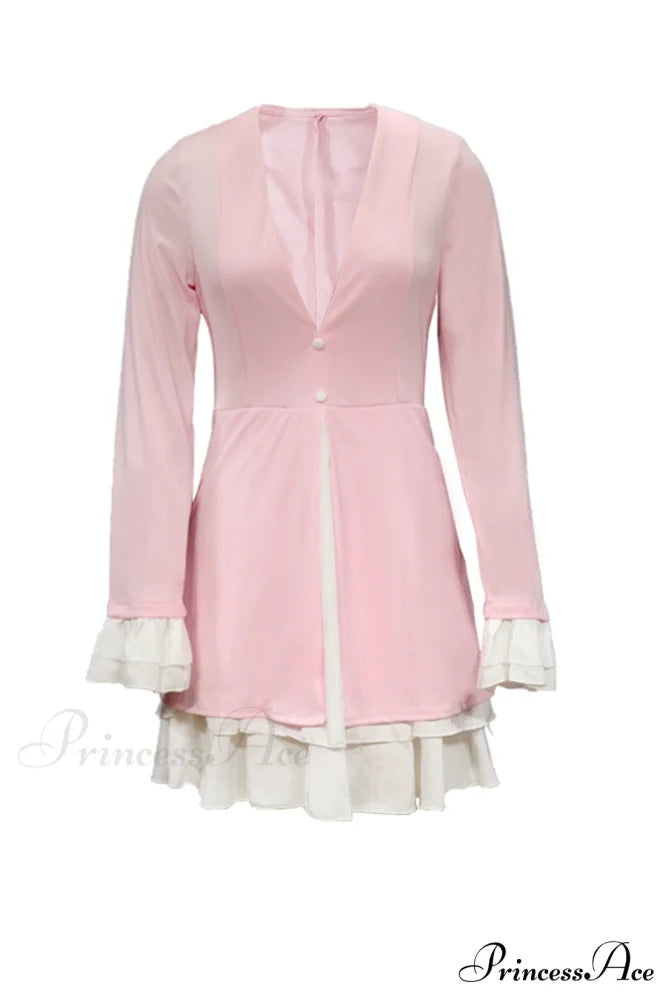 V Neck Ruffle Dress with Fake Two-Piece Design