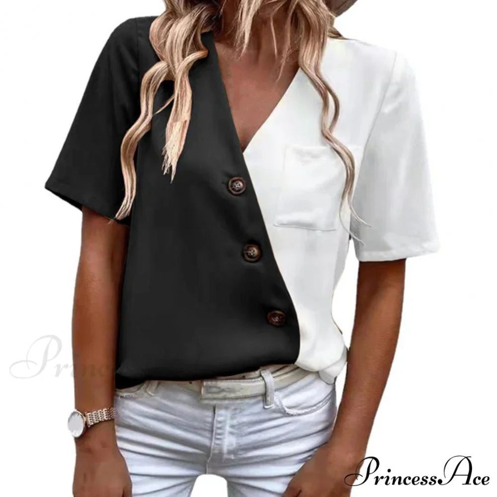 V-Neck Short Sleeve Buttons Decor Lady Shirt