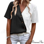 V-Neck Short Sleeve Buttons Decor Lady Shirt