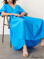 V-Neck Short Sleeve Charming Midi Dress In Blue