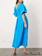 V-Neck Short Sleeve Charming Midi Dress In Blue