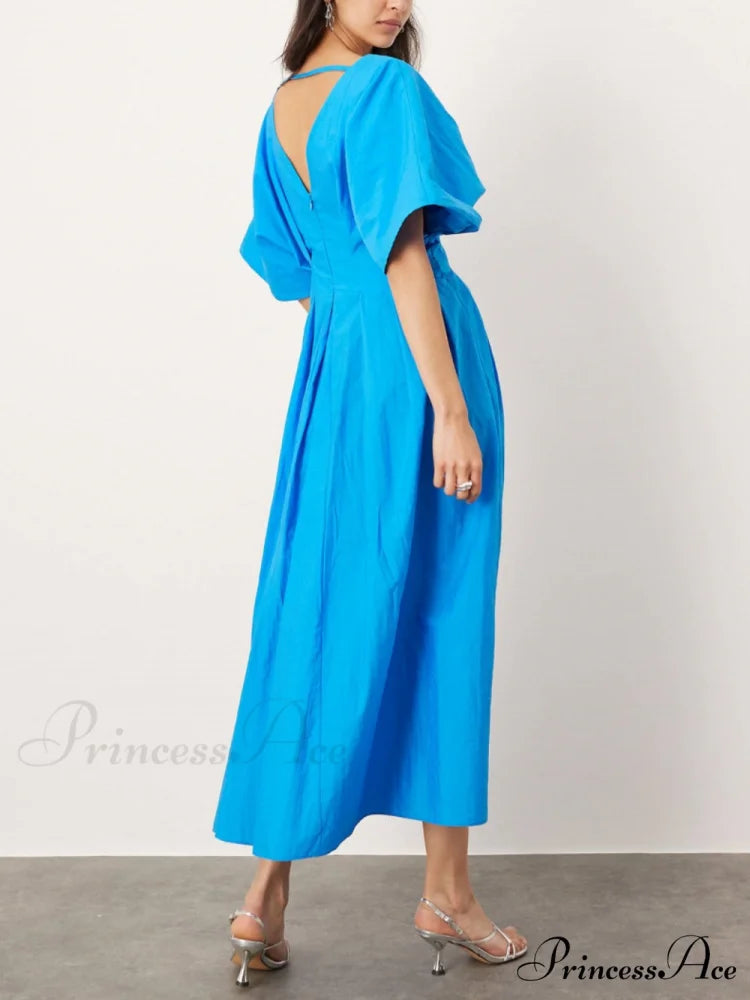 V-Neck Short Sleeve Charming Midi Dress In Blue