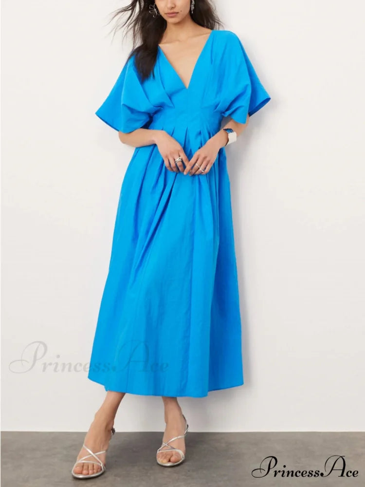 V-Neck Short Sleeve Charming Midi Dress In Blue