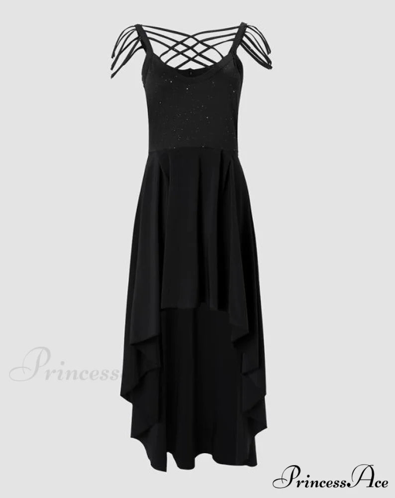 V-Neck Sleeveless Crisscross Tassel Design High Low Hem Glitter Party Dress