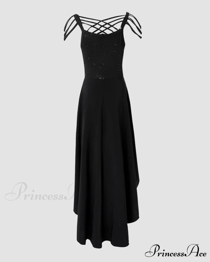 V-Neck Sleeveless Crisscross Tassel Design High Low Hem Glitter Party Dress