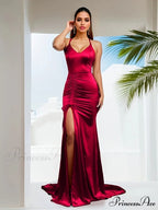 V-Neck Sleeveless Satin Party Dress