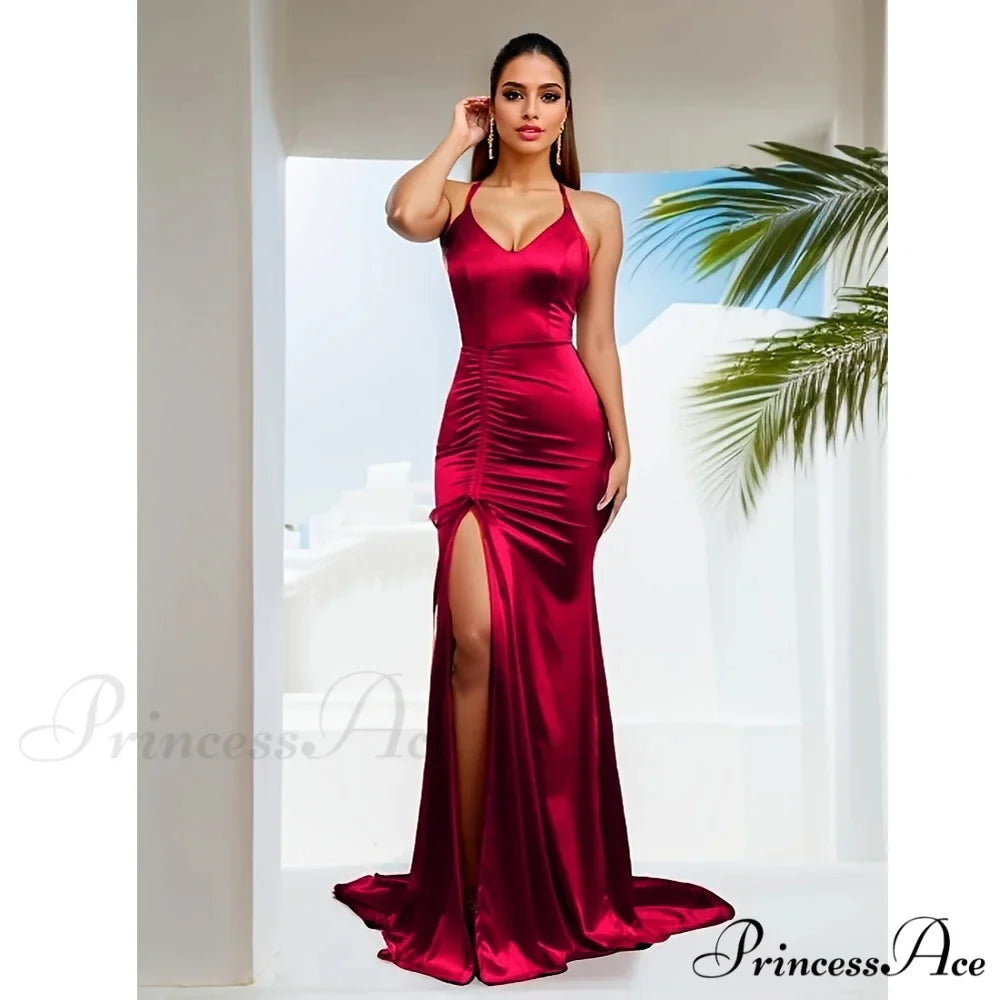 V-Neck Sleeveless Satin Party Dress