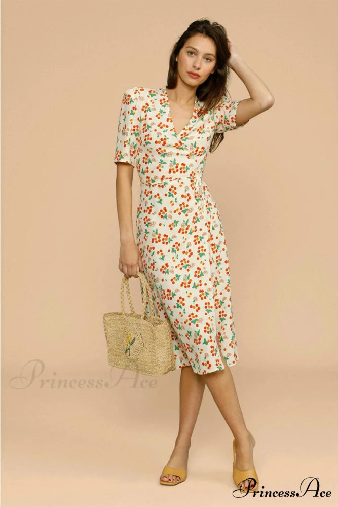 V Neck Slit Short Sleeve Dress