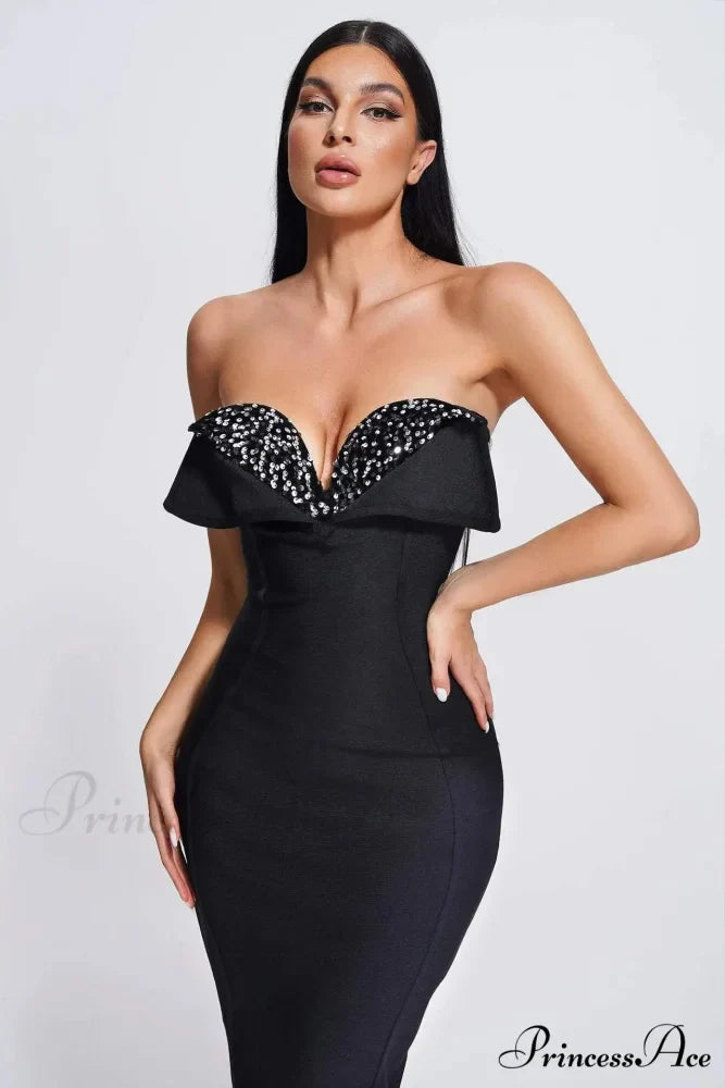 V-Neck Strapless Black Party Dress